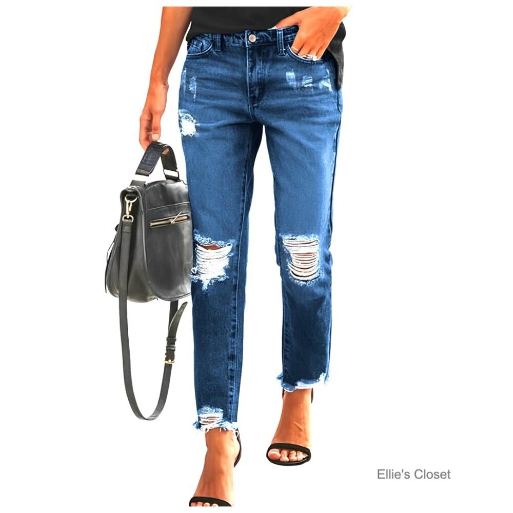 Boyfriend Jeans Stretchy Ripped Distressed Zimbaplatinum Denim Pants